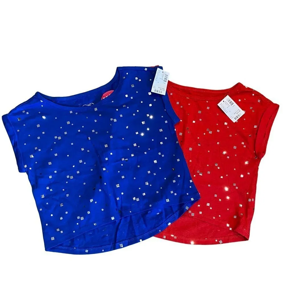 Justice Girl's Red/Blue with Silver Sparkly Layering Shirts - New!